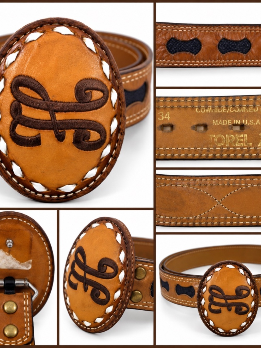 Vintage Torel Western Belt Size 34 Embroidered H Monogram Leather Made In USA